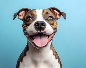 Happy dog looks funny Looking up at the sky with tongue out and mouth open on a light blue background. There is copy space. You can add interesting messages to attract the attention of pet lovers.