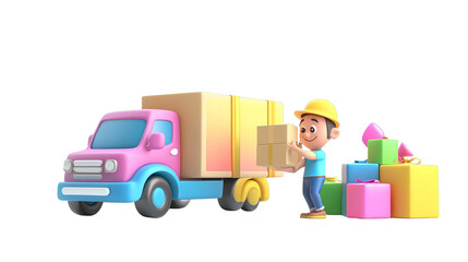 3D Cartoon-Style Delivery Truck Scene with Delivery Person Loading Colorful Boxes