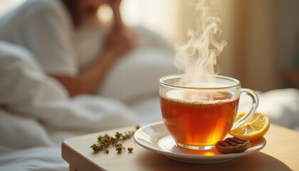 Steaming herbal tea with lemon and biscuits on bedside table with relaxing female in background
