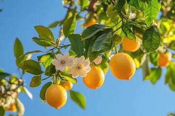Lemon tree in full bloom with ripe lemons sunny garden nature photography vibrant environment close-up view fresh citrus concept for seasonal inspiration