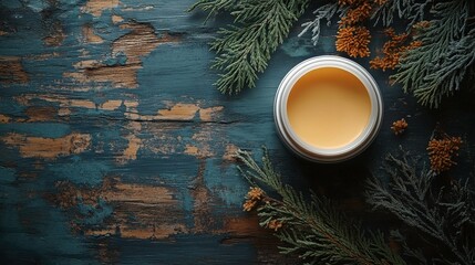 A soothing balm in a tin surrounded by evergreen foliage on a rustic wooden surface.