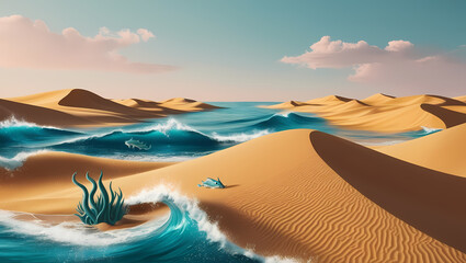 Waves of wonder invite exploration in a surreal landscape where desert meets ocean under a dreamy sky during a tranquil afternoon. Generative AI