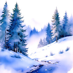 Fototapeta premium A serene winter landscape featuring snow-covered trees and a gentle stream.