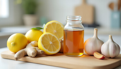 Fresh lemons, honey, and garlic on a wooden cutting board with ginger in a kitchen setting