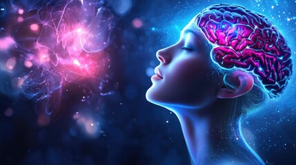 ** Futuristic Digital Art of Human Brain with Glowing Neural Connections and Abstract Energy Patterns in a Vibrant Blue and Pink Color Palette..**