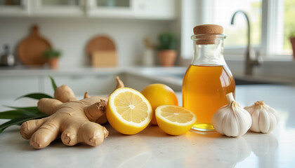 Fresh ginger, lemon, and garlic with honey in kitchen