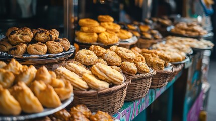 Freshly Baked Pastries and Desserts Displayed at Market Stall