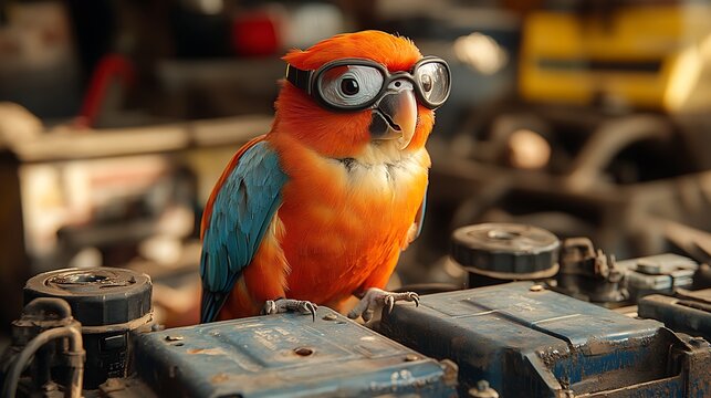 A parrot with safety goggles perched near a car battery observing closely