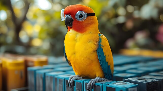 A parrot with safety goggles perched near a car battery observing closely