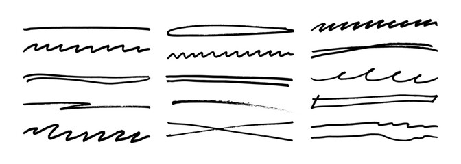 Underline stroke marker felt pen scribbles doodle line collection. Hand drawn outline sketch wave brush mark elements crosshatch rough dividers set for text highlight underline emphasis.
