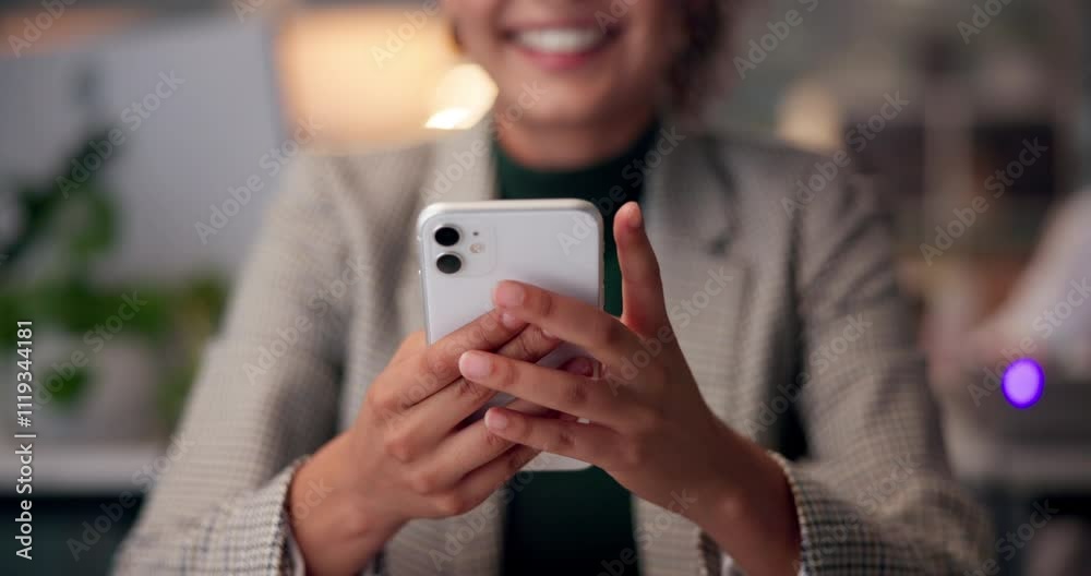Aufkleber app development, hands and phone with designer woman in office at night for social media programming