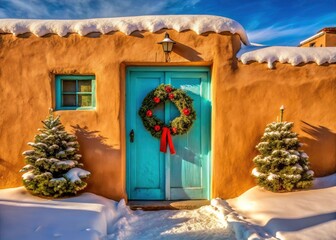 Obraz premium Santa Fe Christmas Wreath Panoramic, Snowy Adobe Door, Turquoise, Winter Wonderland, New Mexico