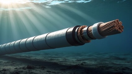 Submarine cable lying on the ocean floor under diffused sunlight.