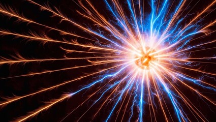 Fototapeta premium A vibrant, electric blue, luminous discharge bursts against a rich, velvety black background, radiating intense, warm light in all directions, with subtle, feathery tendrils and delicate, swirling pat