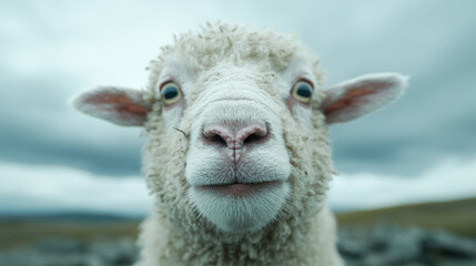 Naklejka premium Close-up of a Sheep With Striking Blue Eyes Grazing in a Cloudy Landscape During the Early Morning Hours on a Rural Farm