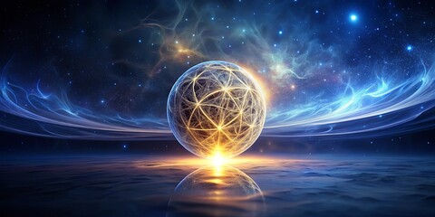 Obraz premium Celestial Orb A luminous sphere of interconnected energy suspended above a tranquil, ethereal landscape, reflecting the vastness of the cosmos.