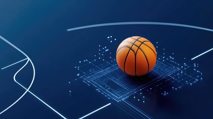 Obraz premium Futuristic Basketball on Digital Court with Neon Blue Lines and Circuit Board Design