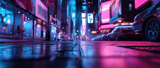  vibrant urban scene at night with neon lights reflecting on wet pavement 