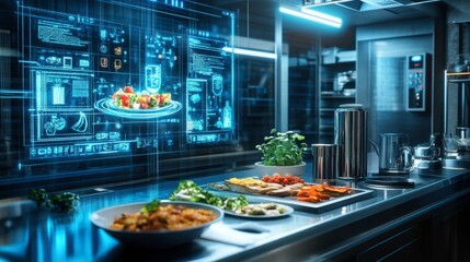 Fototapeta premium Futuristic Kitchen with Digital Interface and Fresh Ingredients Display