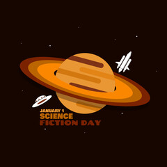 National Science Fiction Day to celebrate on January 2nd. Illustration of the planet Saturn with a spaceship and a UFO