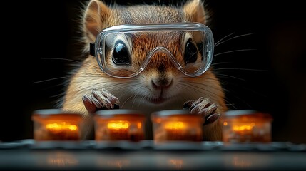 A chipmunk wearing safety goggles checking a car battery on a small table