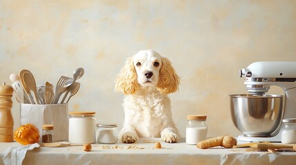 Adorable white dog sitting in a cozy kitchen surrounded by baking ingredients, utensils, and a mixer, capturing a warm and inviting atmosphere perfect for baking lovers.