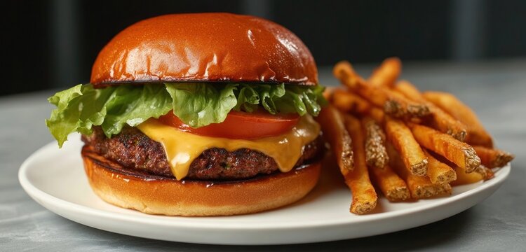A perfectly seared veggie burger with melted vegan cheese, fresh lettuce, and tomato, placed next to a side of crispy fries on a modern white plate.