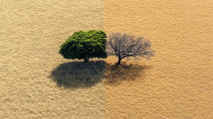 View of a tree divided into two parts, one with green leaves on a grassy field and the other with dry and leafless branches.