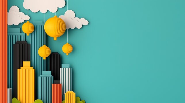 A vibrant paper-cut cityscape featuring colorful buildings, clouds, and lanterns against a bright turquoise background.