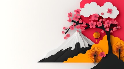 A vibrant paper-cut style illustration of a mountain, cherry blossoms, and decorative clouds...