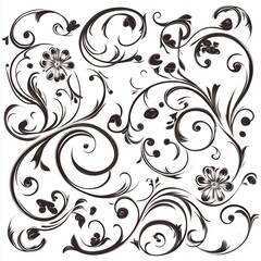 Elegant black floral swirls on white background.