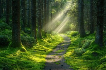 Fototapeta premium A peaceful, serene forest path covered with moss and dappled sunlight filtering through the trees