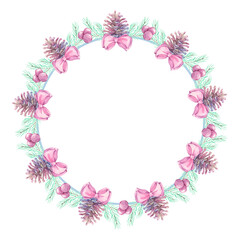 Wreath of spruce branches and cones with red berries and bows hand painted with watercolors