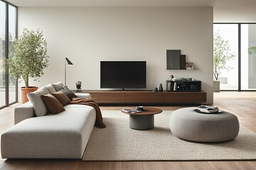 Modern living room with sectional sofa, TV, and minimalist decor.