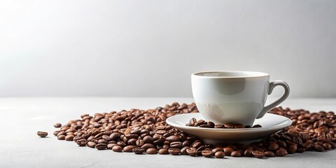 Aromatic coffee beans surround a pristine white cup and saucer, ready for a delightful brew.