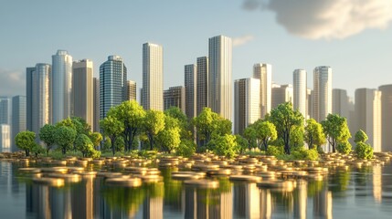 Urban Landscape with Lush Green Trees and Reflective Water