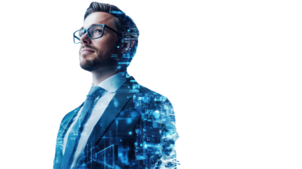 Tech Visionary: A portrait of a pensive businessman, his form interwoven with digital circuitry, symbolizing the fusion of human ingenuity and technological advancement.  