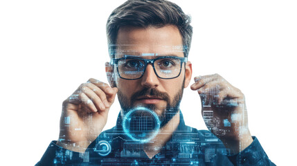 Tech Visionary: A pensive, stylish man with a beard gazes intently through futuristic glasses, data streams swirling around him, symbolizing innovation and technological advancement. 