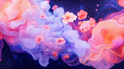 Fototapeta premium Abstract colorful artwork with flowing shapes and floral elements in a cosmic background