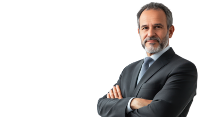 Confident Businessman: A seasoned executive with a determined look, arms crossed, exudes an air of authority and expertise, ready to lead with confidence.