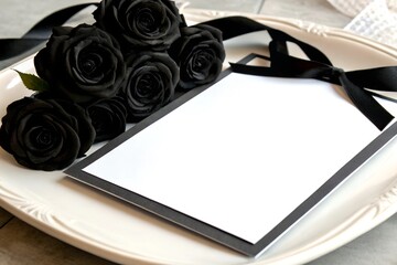 A blank white menu card mock-up tied with a black ribbon, styled with black roses on a white plate. Ideal for formal event or condolence dinner menu designs.