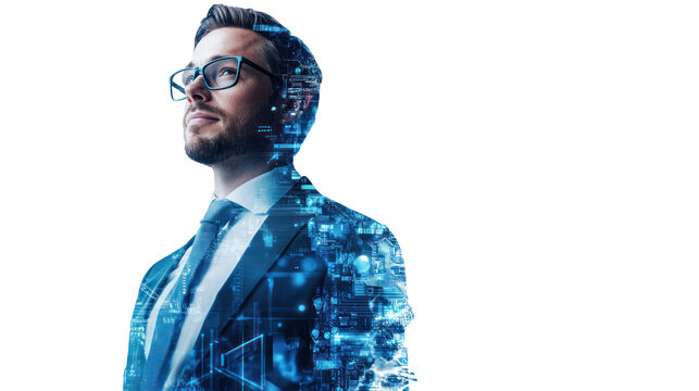 Tech Visionary: A portrait of a pensive businessman, his form interwoven with digital circuitry, symbolizing the fusion of human ingenuity and technological advancement.   - Powered by Adobe