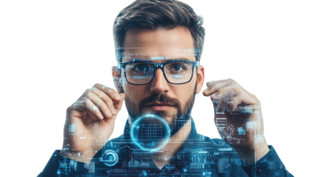 Tech Visionary: A pensive, stylish man with a beard gazes intently through futuristic glasses, data streams swirling around him, symbolizing innovation and technological advancement. 