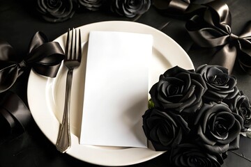 Blank card styled with black roses, black ribbons, and silver cutlery on a white plate, set against a dark background. Suitable for funerals, gothic weddings, or formal dinner invitations.
