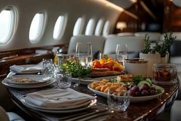 A meal looks luxurious on a private jet dining table, giving a sense of luxury and exclusivity, perfect for promoting a premium lifestyle or advertising a private jet charter service.