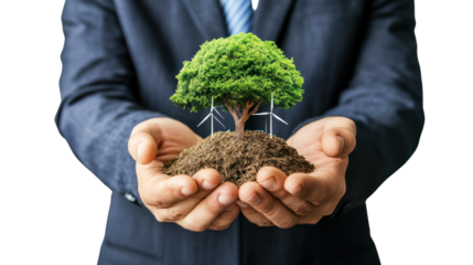 Green Business Growth: A businessman's hands carefully cradle a miniature ecosystem, symbolizing sustainable development and environmental responsibility.