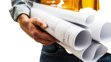 Engineer holding blueprints at a worksite,isolated on transparent and white background.PNG image	