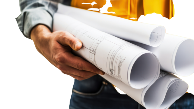 Engineer holding blueprints at a worksite,isolated on transparent and white background.PNG image	