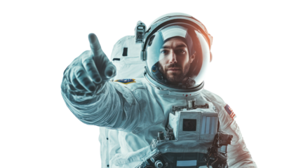 Astronaut Pointing Forward:  A determined astronaut in a futuristic spacesuit points towards the horizon, signifying exploration, discovery, and the boundless potential of space travel.
