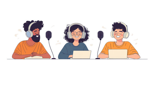 Podcast Hosts, Diverse Team,  Studio Recording Session 
